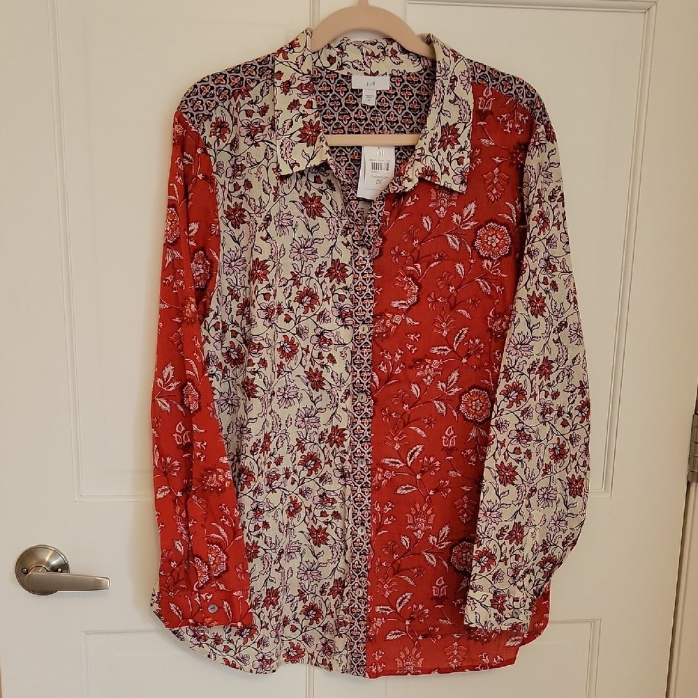 J. Jill Red and Cream Floral Women's Shirt, New With Tag
